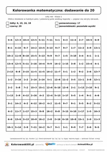 Kolorowanka matematyczna dodawanie do 20 — ukryty obrazek kaczka, siatka 12×12, do druku A4