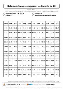 Kolorowanka matematyczna dodawanie do 20 — ukryty obrazek kot, siatka 12×12, do druku A4