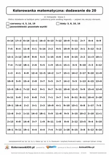 Kolorowanka matematyczna dodawanie do 20 — ukryty obrazek kotylion, siatka 12×12, do druku A4