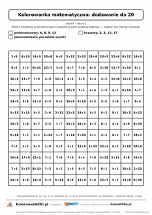 Kolorowanka matematyczna dodawanie do 20 — ukryty obrazek liść, siatka 12×12, do druku A4