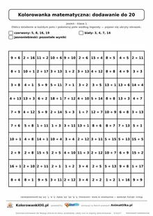 Kolorowanka matematyczna dodawanie do 20 — ukryty obrazek muchomor, siatka 10×10, do druku A4