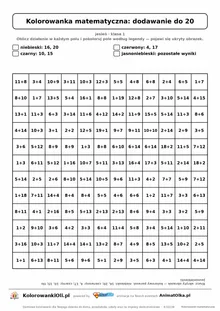 Kolorowanka matematyczna dodawanie do 20 — ukryty obrazek parasol, siatka 12×12, do druku A4