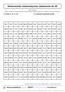 Kolorowanka matematyczna dodawanie do 20 — ukryty obrazek płatek śniegu, siatka 12×12, do druku A4
