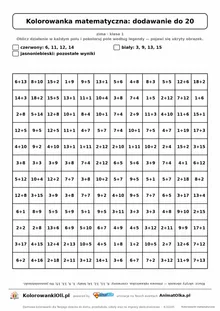 Kolorowanka matematyczna dodawanie do 20 — ukryty obrazek rękawiczka, siatka 12×12, do druku A4