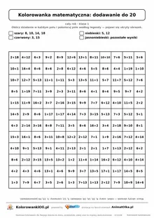 Kolorowanka matematyczna dodawanie do 20 — ukryty obrazek robot, siatka 12×12, do druku A4