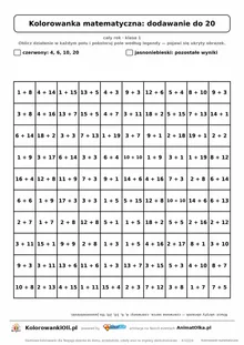 Kolorowanka matematyczna dodawanie do 20 — ukryty obrazek serce, siatka 10×10, do druku A4