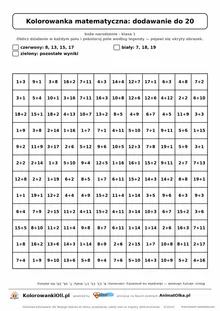 Kolorowanka matematyczna dodawanie do 20 — ukryty obrazek skarpeta na prezenty, siatka 12×12, do druku A4