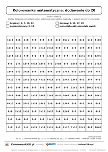 Kolorowanka matematyczna dodawanie do 20 — ukryty obrazek sowa, siatka 12×12, do druku A4