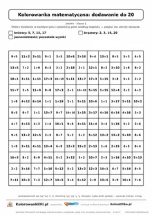 Kolorowanka matematyczna dodawanie do 20 — ukryty obrazek żołądź, siatka 12×12, do druku A4