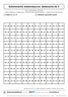 Kolorowanka matematyczna dodawanie do 5 — ukryty obrazek bałwan, siatka 10×10, do druku A4