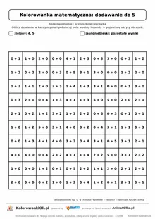 Kolorowanka matematyczna dodawanie do 5 — ukryty obrazek choinka, siatka 10×10, do druku A4