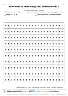 Kolorowanka matematyczna dodawanie do 5 — ukryty obrazek dom, siatka 10×10, do druku A4