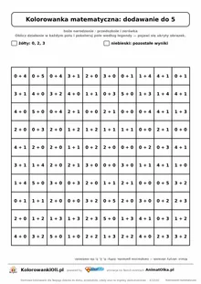 Kolorowanka matematyczna dodawanie do 5 — ukryty obrazek gwiazda, siatka 10×10, do druku A4