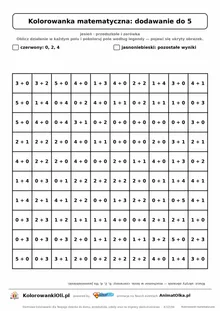 Kolorowanka matematyczna dodawanie do 5 — ukryty obrazek muchomor, siatka 10×10, do druku A4
