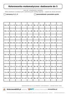 Kolorowanka matematyczna dodawanie do 5 — ukryty obrazek serce, siatka 10×10, do druku A4