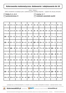 Kolorowanka matematyczna dodawanie i odejmowanie do 10 — ukryty obrazek bałwan, siatka 10×10, do druku A4
