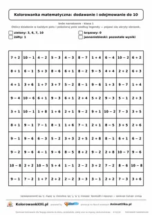 Kolorowanka matematyczna dodawanie i odejmowanie do 10 — ukryty obrazek choinka, siatka 10×10, do druku A4