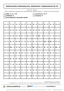 Kolorowanka matematyczna dodawanie i odejmowanie do 10 — ukryty obrazek dom, siatka 10×10, do druku A4