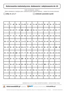 Kolorowanka matematyczna dodawanie i odejmowanie do 10 — ukryty obrazek gwiazda, siatka 10×10, do druku A4