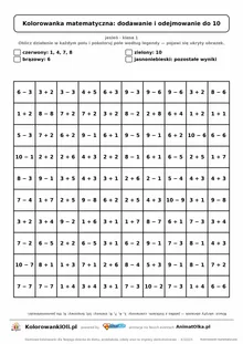 Kolorowanka matematyczna dodawanie i odejmowanie do 10 — ukryty obrazek jabłko, siatka 10×10, do druku A4