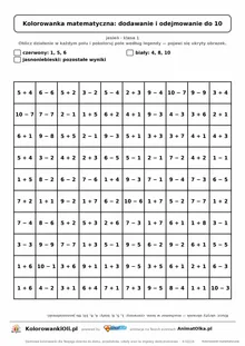 Kolorowanka matematyczna dodawanie i odejmowanie do 10 — ukryty obrazek muchomor, siatka 10×10, do druku A4