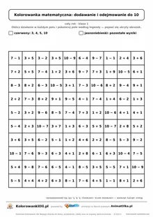 Kolorowanka matematyczna dodawanie i odejmowanie do 10 — ukryty obrazek serce, siatka 10×10, do druku A4