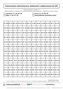Kolorowanka matematyczna dodawanie i odejmowanie do 100 — ukryty obrazek bombka, siatka 12×12, do druku A4
