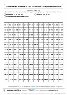 Kolorowanka matematyczna dodawanie i odejmowanie do 100 — ukryty obrazek czapka Mikołaja, siatka 12×12, do druku A4