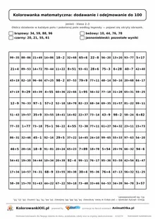 Kolorowanka matematyczna dodawanie i odejmowanie do 100 — ukryty obrazek jeż, siatka 12×12, do druku A4