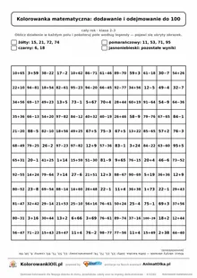 Kolorowanka matematyczna dodawanie i odejmowanie do 100 — ukryty obrazek kaczka, siatka 12×12, do druku A4
