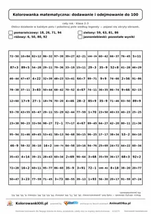 Kolorowanka matematyczna dodawanie i odejmowanie do 100 — ukryty obrazek kot, siatka 12×12, do druku A4