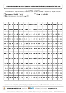 Kolorowanka matematyczna dodawanie i odejmowanie do 100 — ukryty obrazek kotylion, siatka 12×12, do druku A4