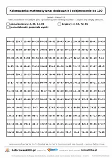Kolorowanka matematyczna dodawanie i odejmowanie do 100 — ukryty obrazek liść, siatka 12×12, do druku A4