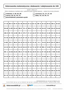 Kolorowanka matematyczna dodawanie i odejmowanie do 100 — ukryty obrazek parasol, siatka 12×12, do druku A4