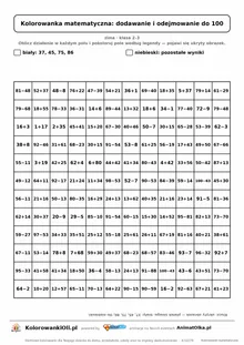 Kolorowanka matematyczna dodawanie i odejmowanie do 100 — ukryty obrazek płatek śniegu, siatka 12×12, do druku A4