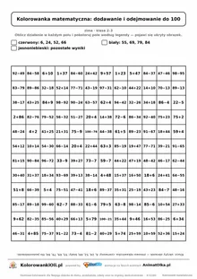 Kolorowanka matematyczna dodawanie i odejmowanie do 100 — ukryty obrazek rękawiczka, siatka 12×12, do druku A4