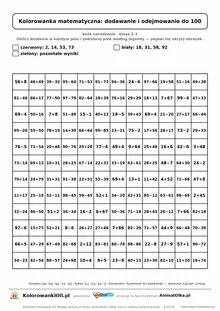 Kolorowanka matematyczna dodawanie i odejmowanie do 100 — ukryty obrazek skarpeta na prezenty, siatka 12×12, do druku A4