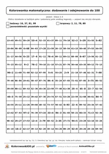 Kolorowanka matematyczna dodawanie i odejmowanie do 100 — ukryty obrazek żołądź, siatka 12×12, do druku A4