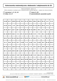Kolorowanka matematyczna dodawanie i odejmowanie do 20 — ukryty obrazek bombka, siatka 12×12, do druku A4