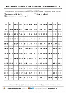 Kolorowanka matematyczna dodawanie i odejmowanie do 20 — ukryty obrazek czapka Mikołaja, siatka 12×12, do druku A4