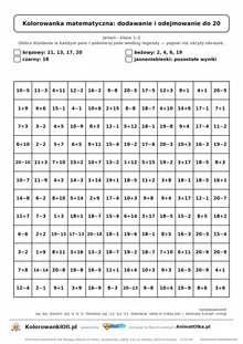 Kolorowanka matematyczna dodawanie i odejmowanie do 20 — ukryty obrazek jeż, siatka 12×12, do druku A4