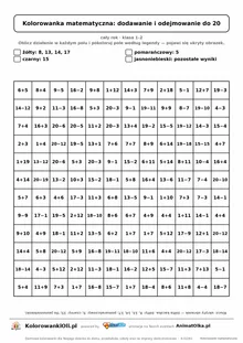 Kolorowanka matematyczna dodawanie i odejmowanie do 20 — ukryty obrazek kaczka, siatka 12×12, do druku A4