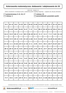 Kolorowanka matematyczna dodawanie i odejmowanie do 20 — ukryty obrazek kot, siatka 12×12, do druku A4
