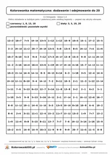Kolorowanka matematyczna dodawanie i odejmowanie do 20 — ukryty obrazek kotylion, siatka 12×12, do druku A4