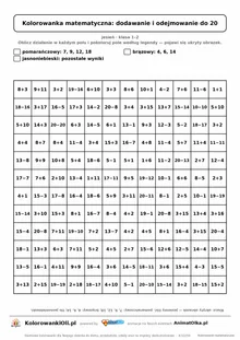 Kolorowanka matematyczna dodawanie i odejmowanie do 20 — ukryty obrazek liść, siatka 12×12, do druku A4