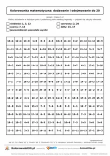 Kolorowanka matematyczna dodawanie i odejmowanie do 20 — ukryty obrazek parasol, siatka 12×12, do druku A4