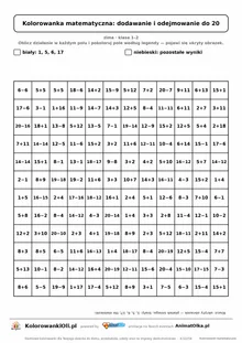 Kolorowanka matematyczna dodawanie i odejmowanie do 20 — ukryty obrazek płatek śniegu, siatka 12×12, do druku A4