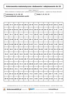 Kolorowanka matematyczna dodawanie i odejmowanie do 20 — ukryty obrazek rękawiczka, siatka 12×12, do druku A4