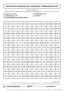 Kolorowanka matematyczna dodawanie i odejmowanie do 20 — ukryty obrazek robot, siatka 12×12, do druku A4