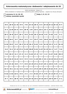 Kolorowanka matematyczna dodawanie i odejmowanie do 20 — ukryty obrazek skarpeta na prezenty, siatka 12×12, do druku A4